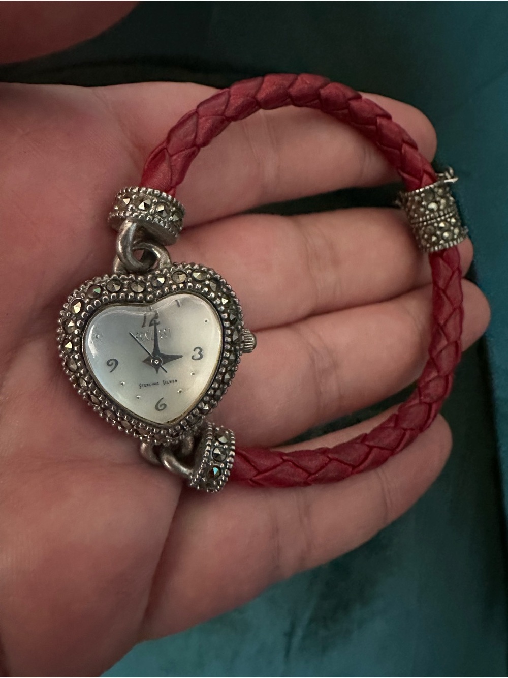 Ecclissi Heart-Shaped Red Braided Leather Bracelet Watch - Sterling Silver